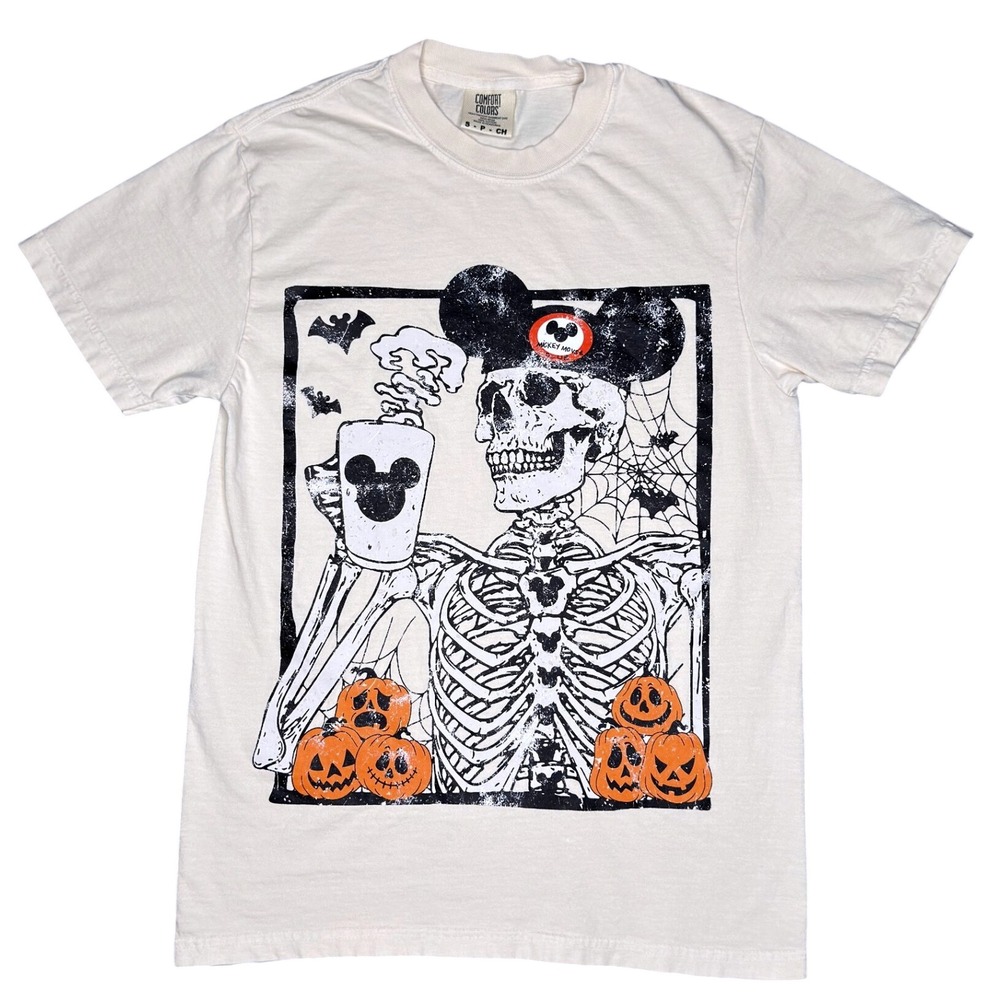 Comfort Colors Mickey Mouse Skeleton Halloween T-Shirt S Ivory Graphic Tee